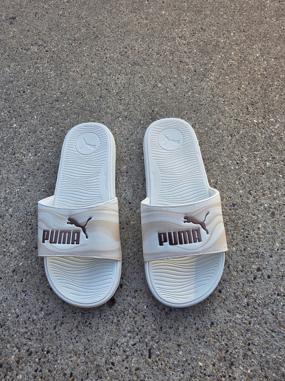 PUMA Slide Sandals in White with Beige Marble Detail Women 10